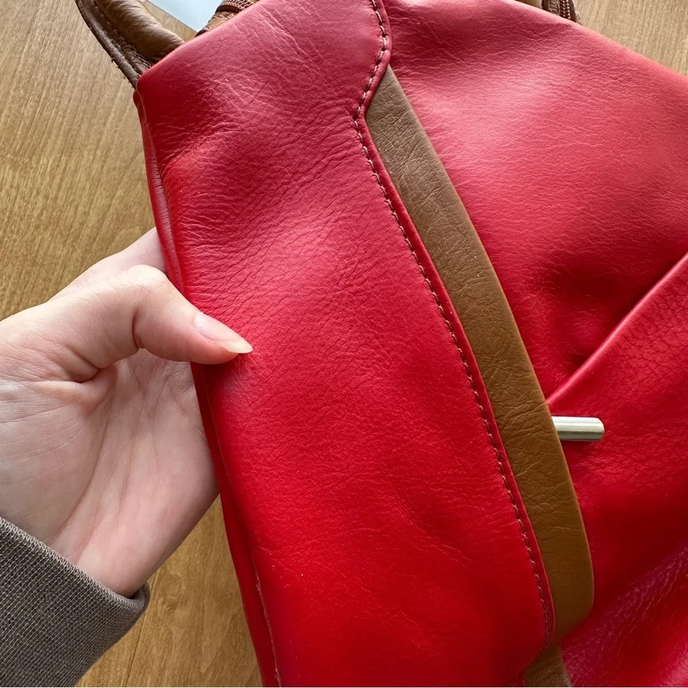 Vera Pelle Genuine Soft Italian Leather Backpack/Rucksack Shoulder Bag, Red/Tan